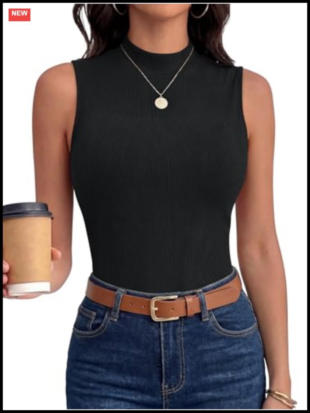 Mock Neck Ribbed Sleeveless Tank Top Women Slim Fit Soft Stretchy